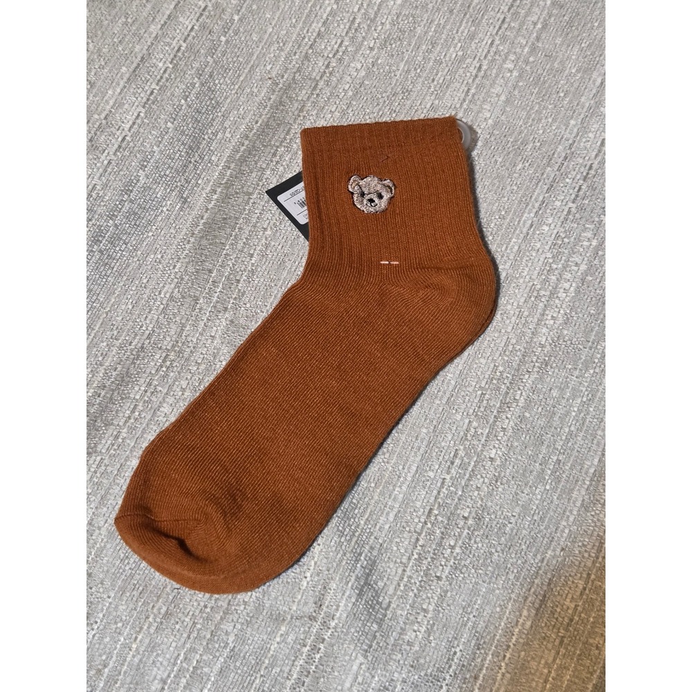 Hello Socks Womens Brown Teddy Bear Embroidered Ankle Sock Recycled Knit  4-10